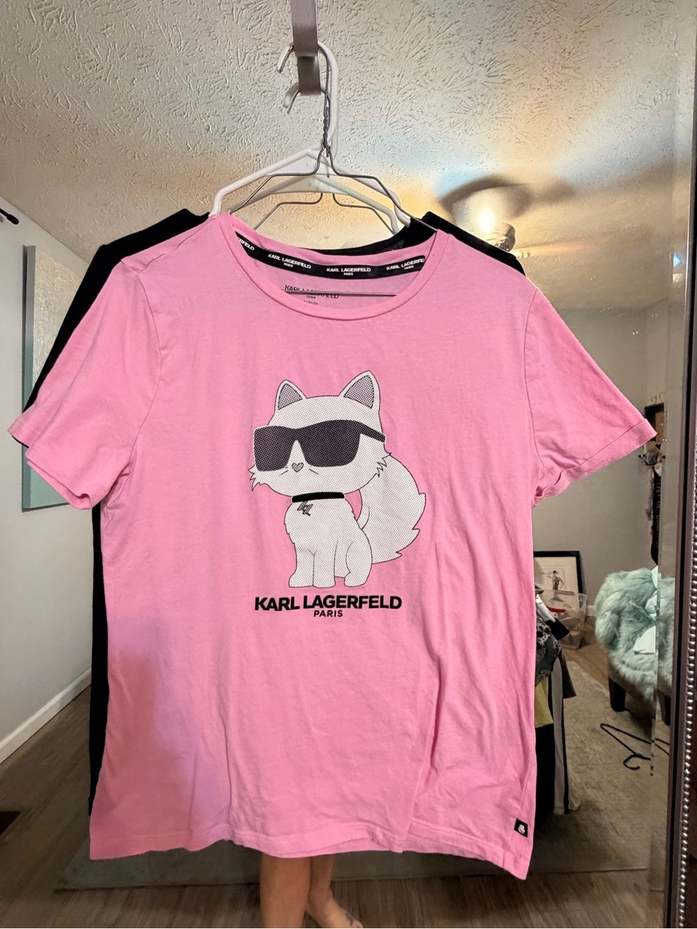 2 Karl Lagerfeld tees. Pink Cat Graphic Tee with Sunglasses and 1 black